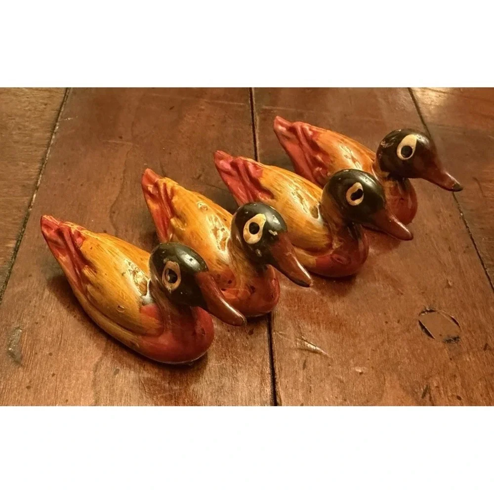 Vintage Hand Carved Wooden Mandarin Ducks Chopstick Rests Figurines Set of 4